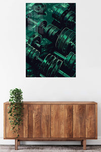 Teal Dumbbell Power metal wall art displayed in a contemporary living space