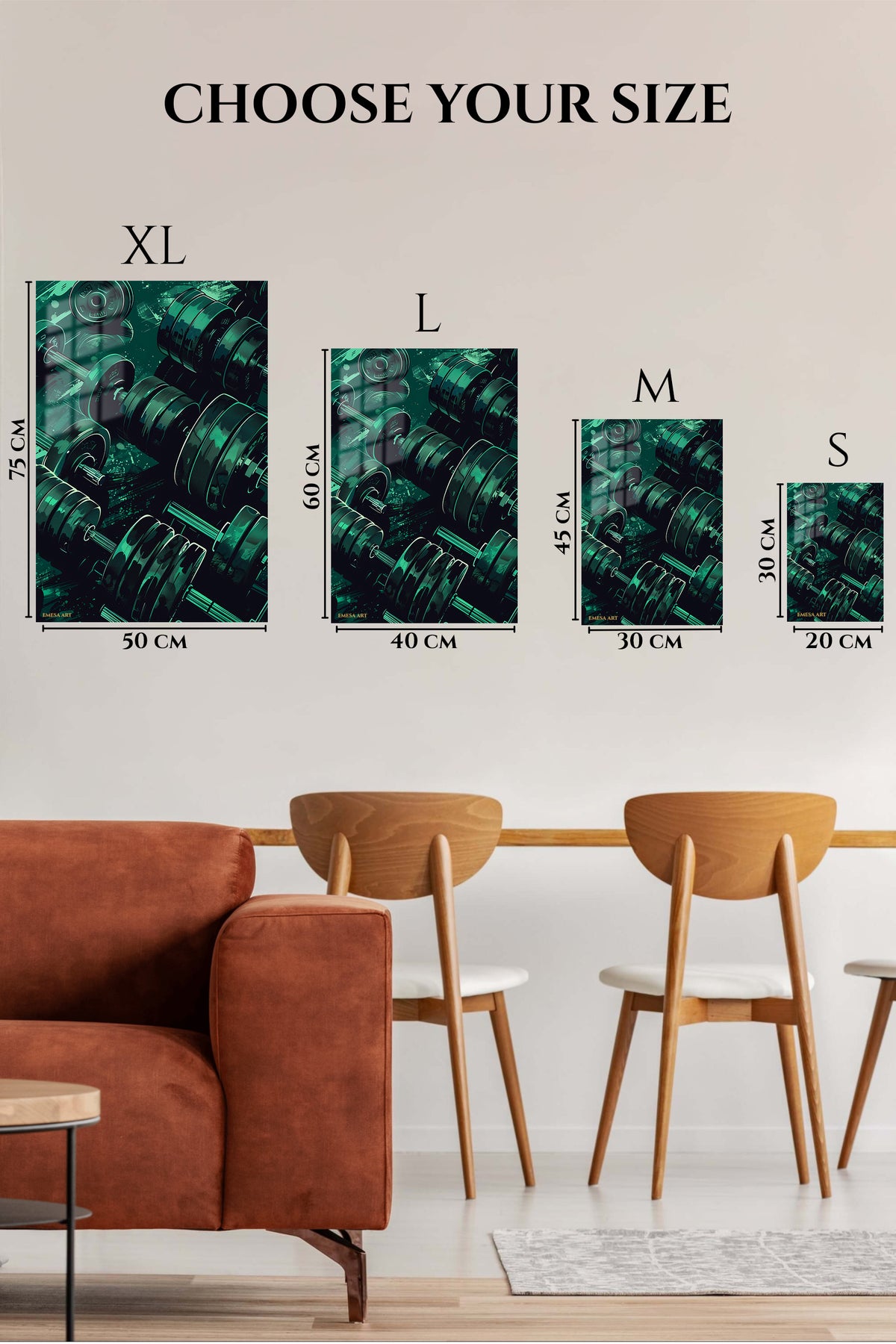 EMESA metal wall art size comparison guide for Teal Dumbbell Power