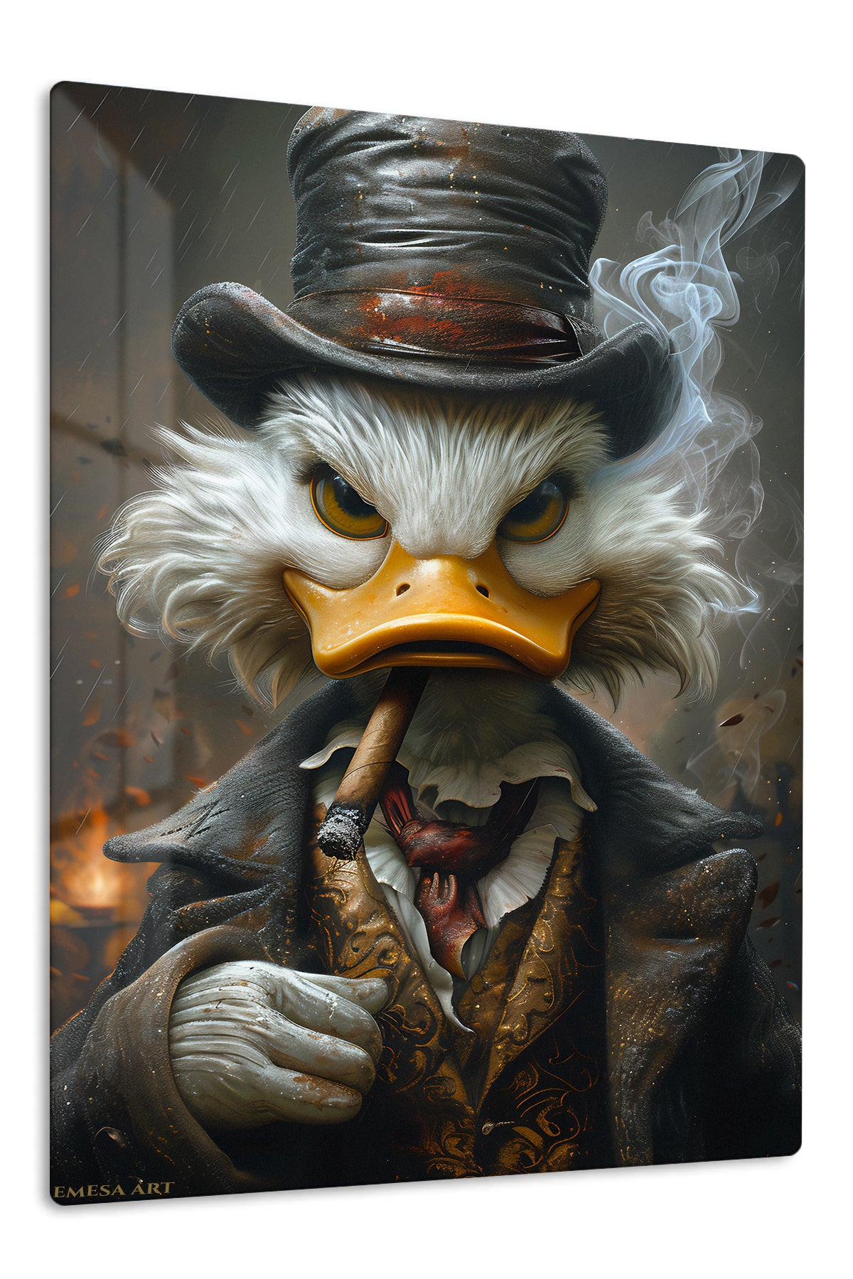 Cigar-Smoking Duck in Top Hat premium metal wall art – front view