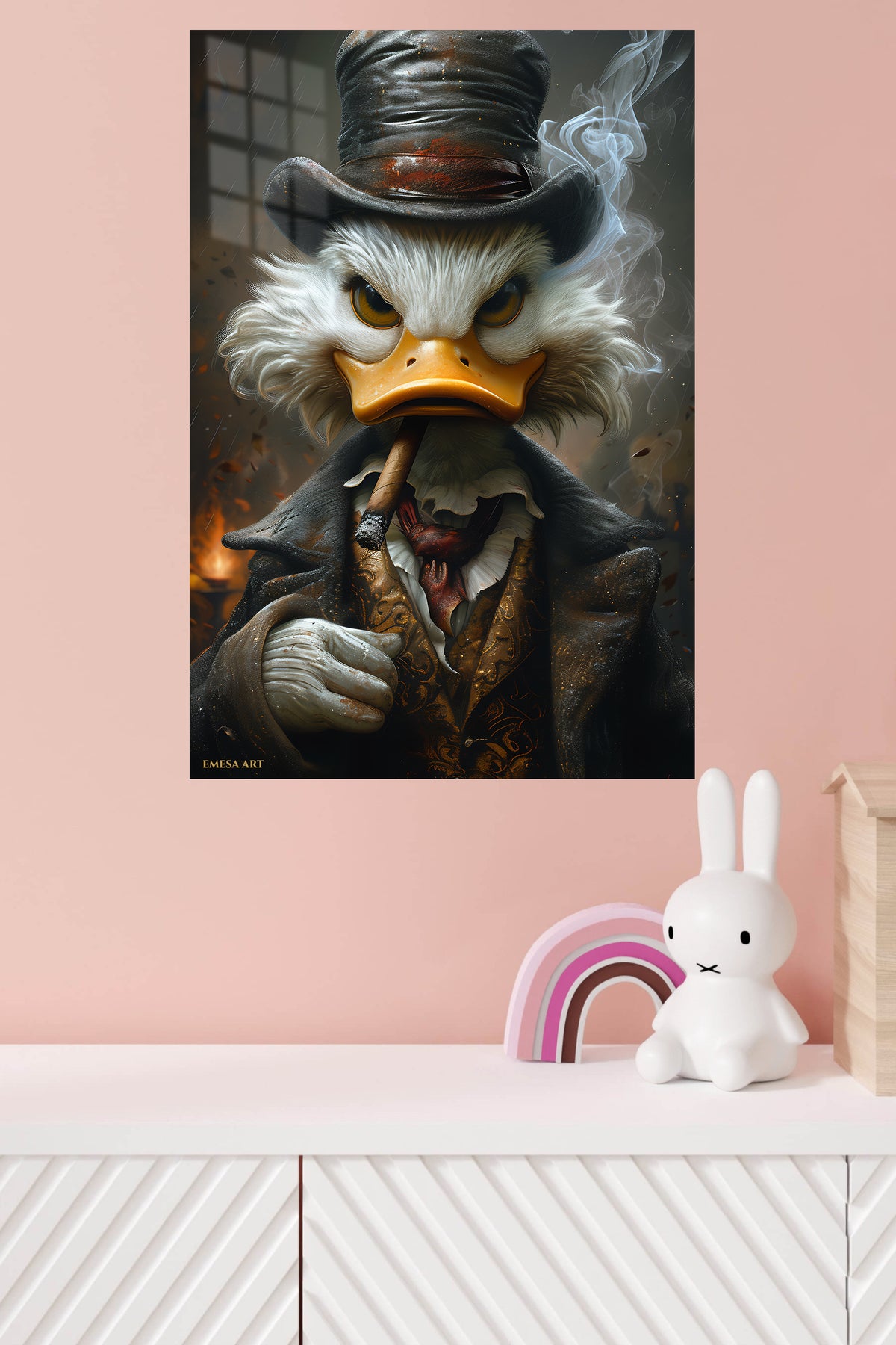 Cigar-Smoking Duck in Top Hat metal wall art displayed in a modern interior