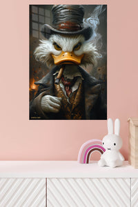 Cigar-Smoking Duck in Top Hat metal wall art displayed in a modern interior