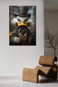 Cigar-Smoking Duck in Top Hat metal wall art displayed in a contemporary living space