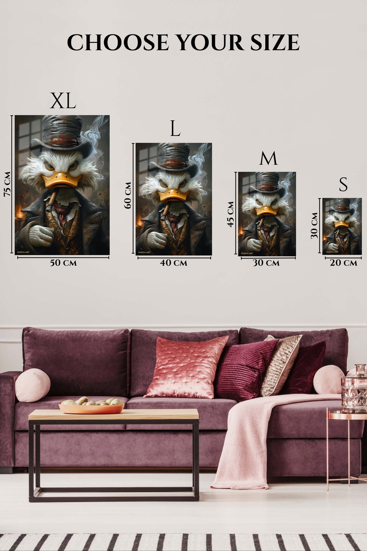 EMESA metal wall art size comparison guide for Cigar-Smoking Duck in Top Hat
