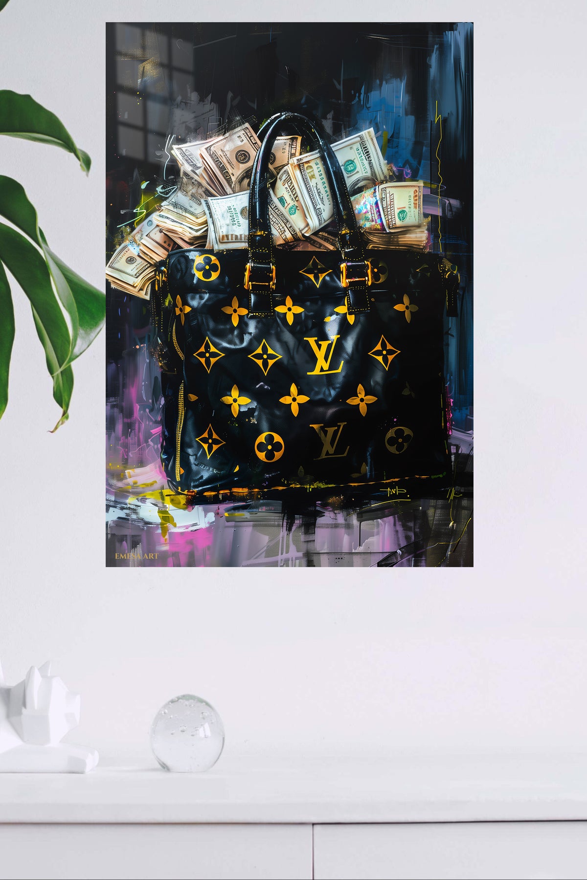 Monogram Money Bag metal wall art displayed in a modern interior