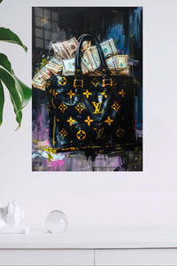 Monogram Money Bag metal wall art displayed in a modern interior