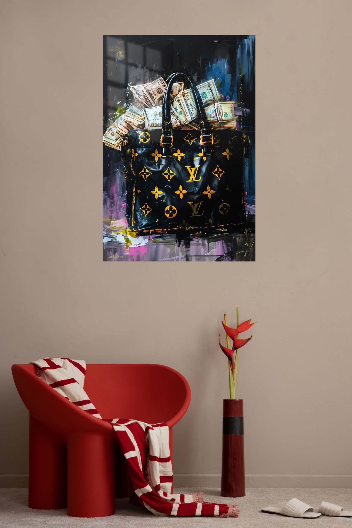 Monogram Money Bag metal wall art displayed in a contemporary living space