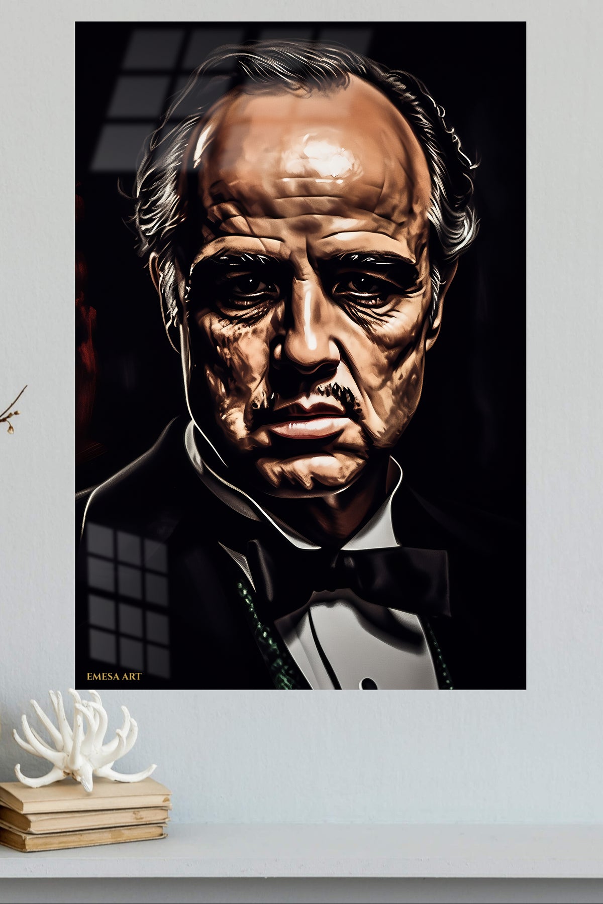 Stern Tuxedo Portrait metal wall art displayed in a modern interior