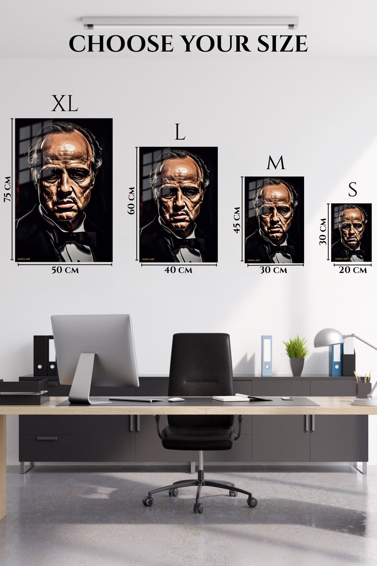 EMESA metal wall art size comparison guide for Stern Tuxedo Portrait