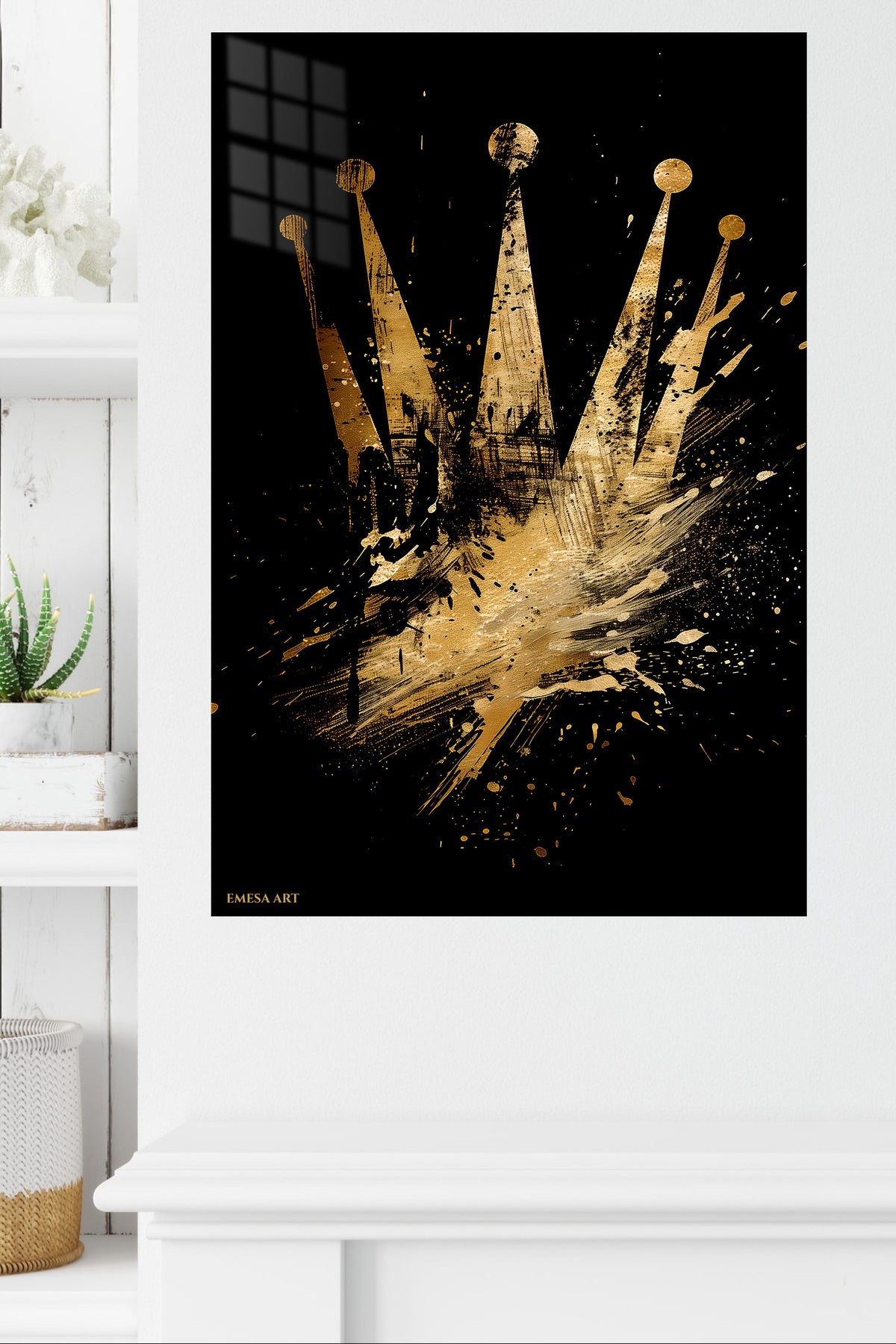 Golden Crown Rising metal wall art displayed in a modern interior