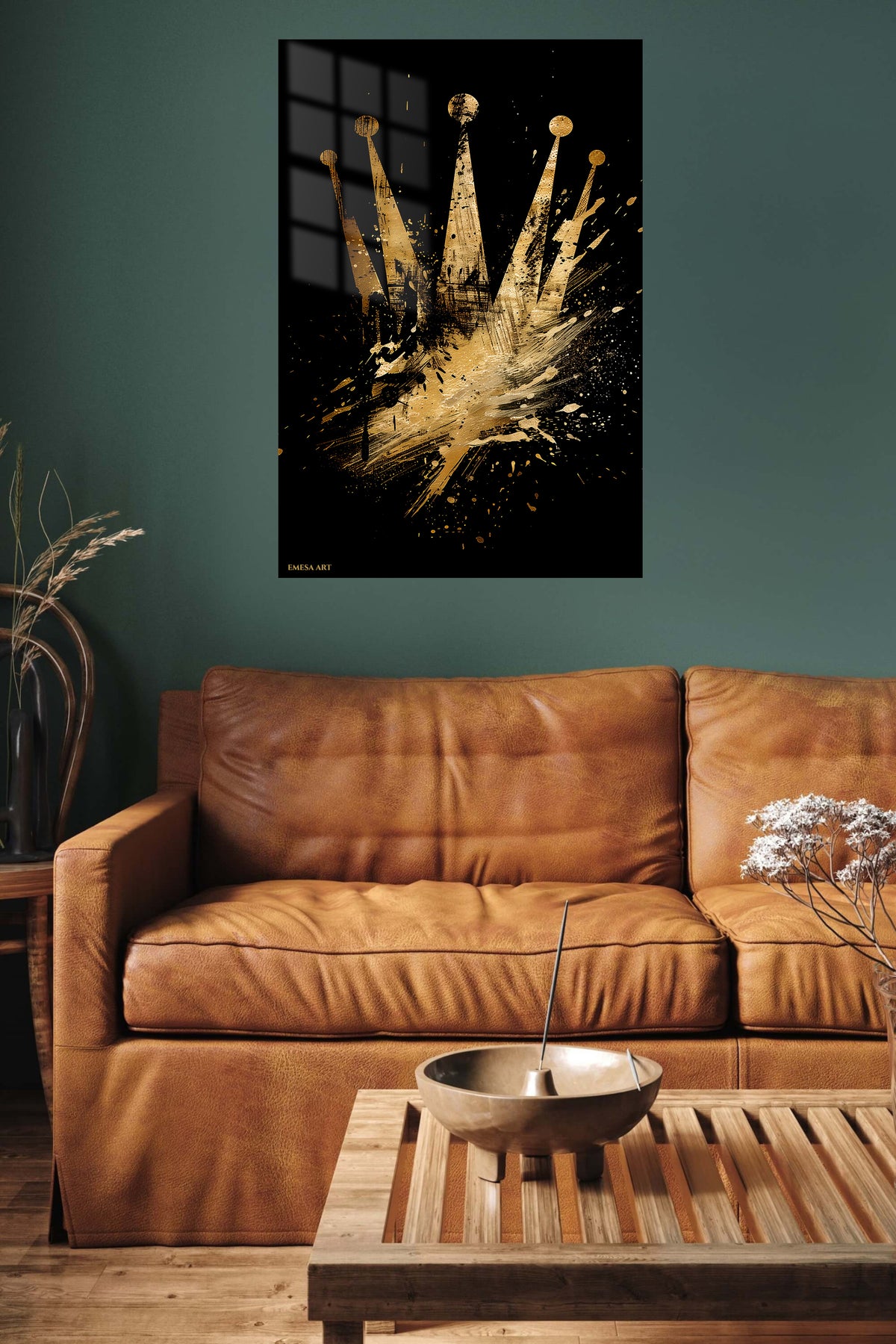 Golden Crown Rising metal wall art displayed in a contemporary living space