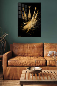 Golden Crown Rising metal wall art displayed in a contemporary living space