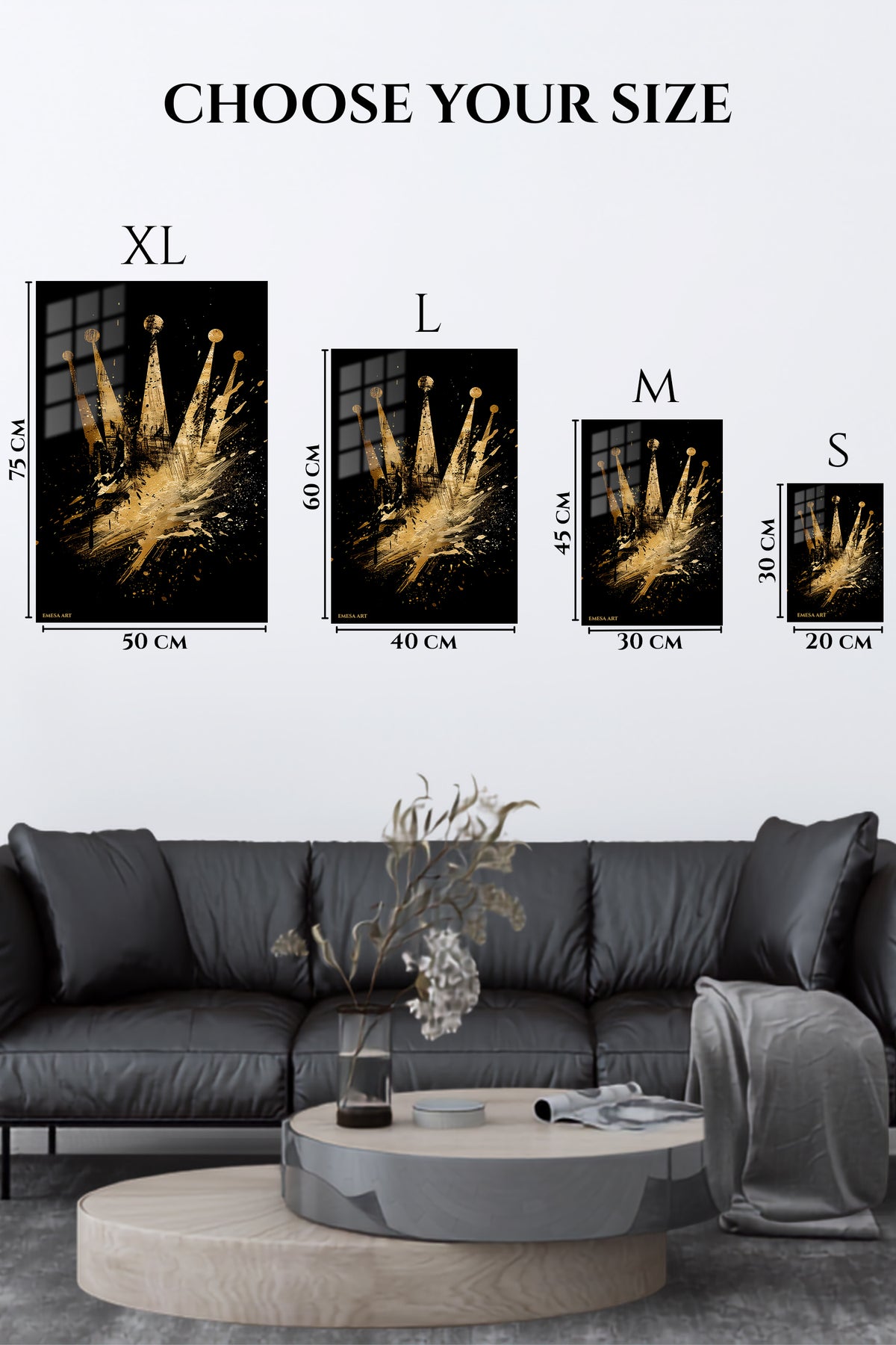 EMESA metal wall art size comparison guide for Golden Crown Rising