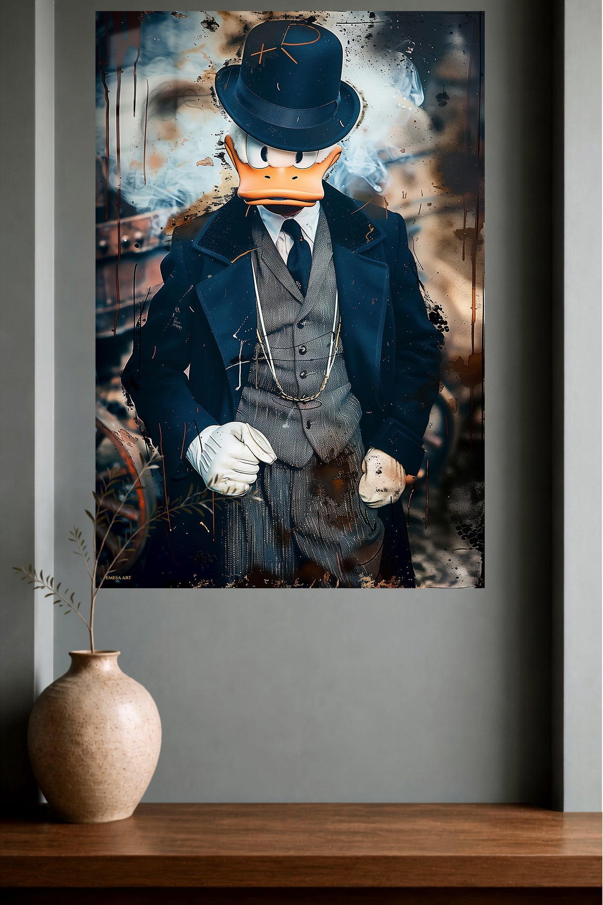 Dapper Duck Detective metal wall art displayed in a modern interior