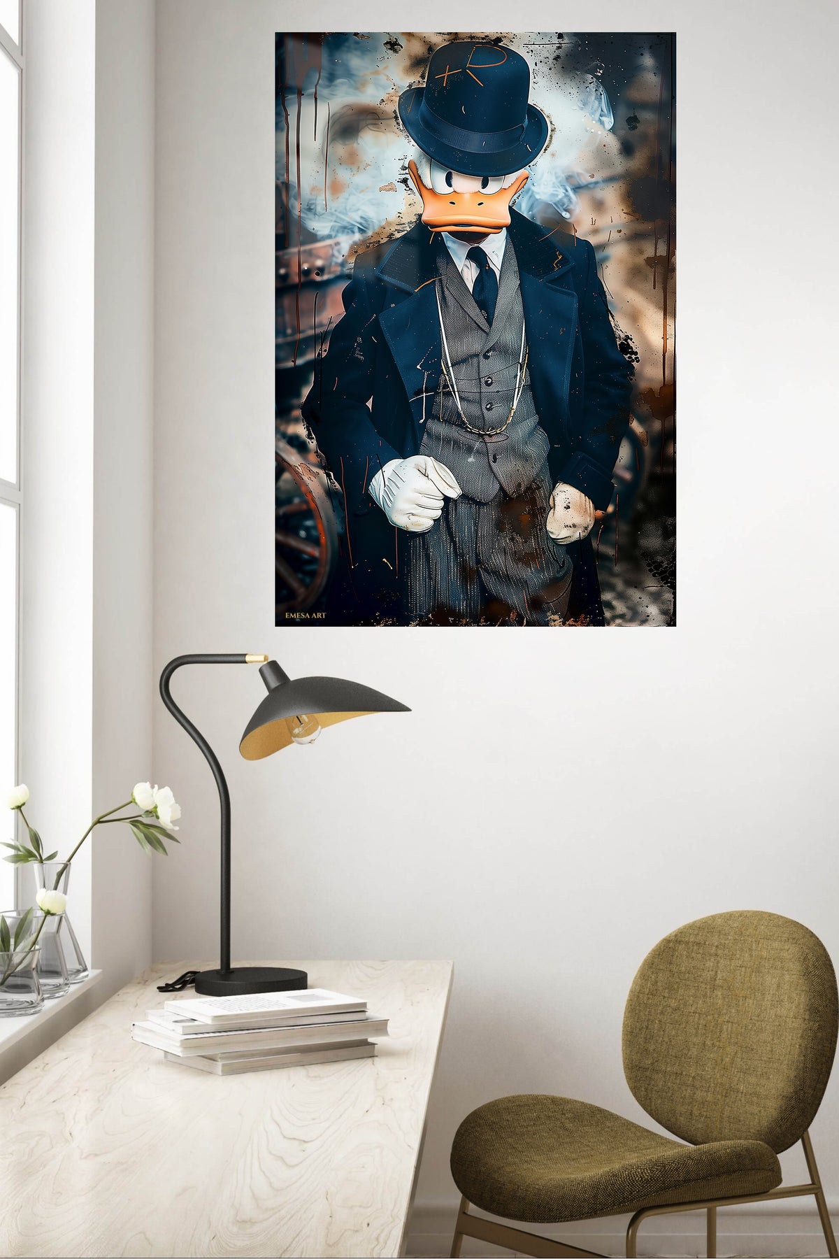 Dapper Duck Detective metal wall art displayed in a contemporary living space