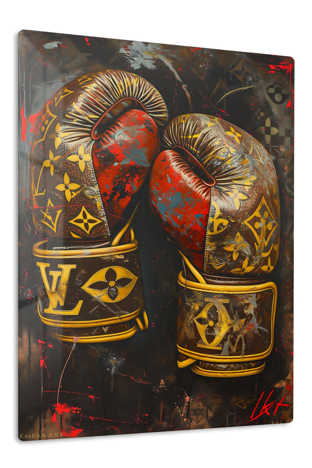 Gold Boxing Gloves on Black premium metal wall art – front view