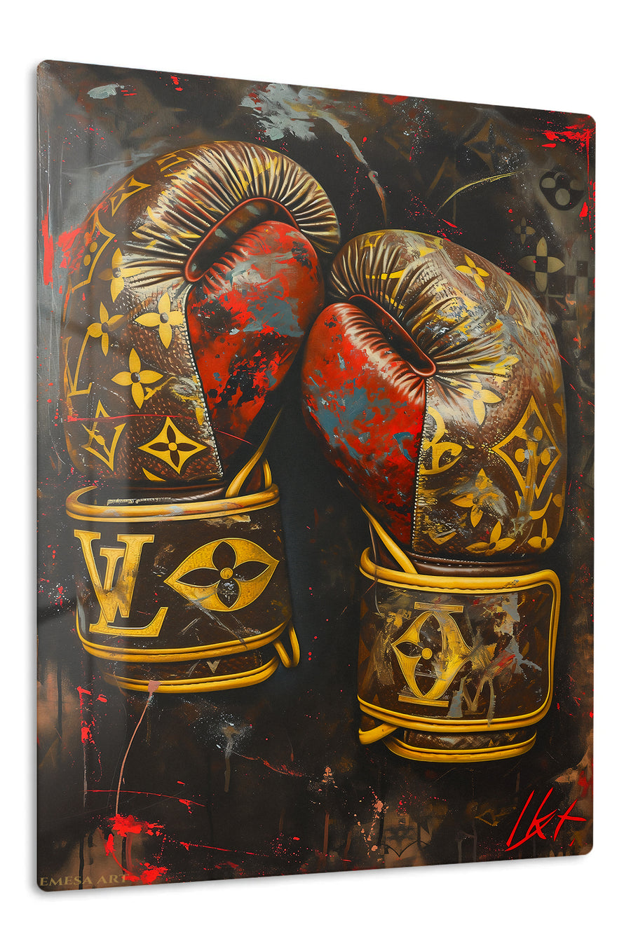 Gold Boxing Gloves on Black premium metal wall art – front view
