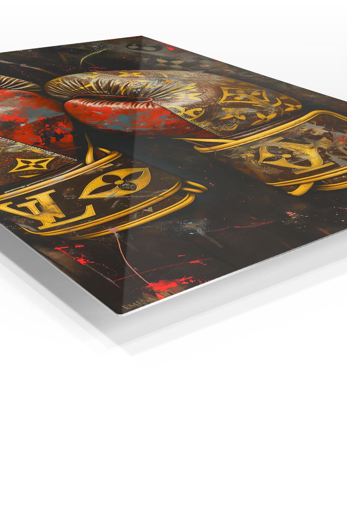 Gold Boxing Gloves on Black premium metal wall art – angled view