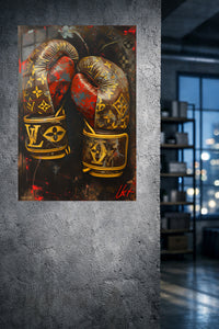 Gold Boxing Gloves on Black metal wall art displayed in a modern interior