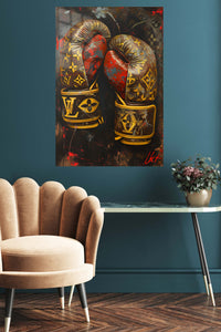Gold Boxing Gloves on Black metal wall art displayed in a contemporary living space
