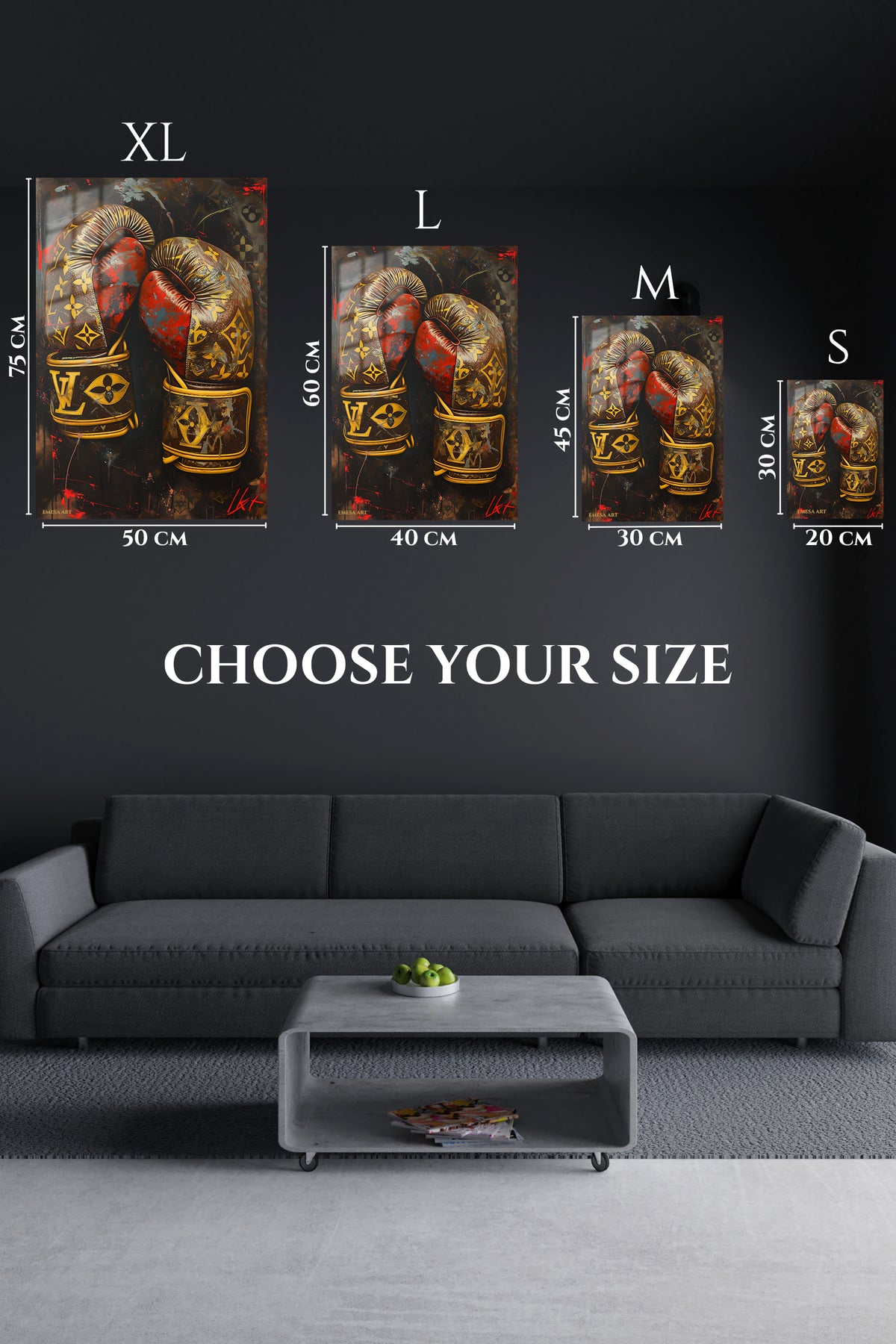EMESA metal wall art size comparison guide for Gold Boxing Gloves on Black