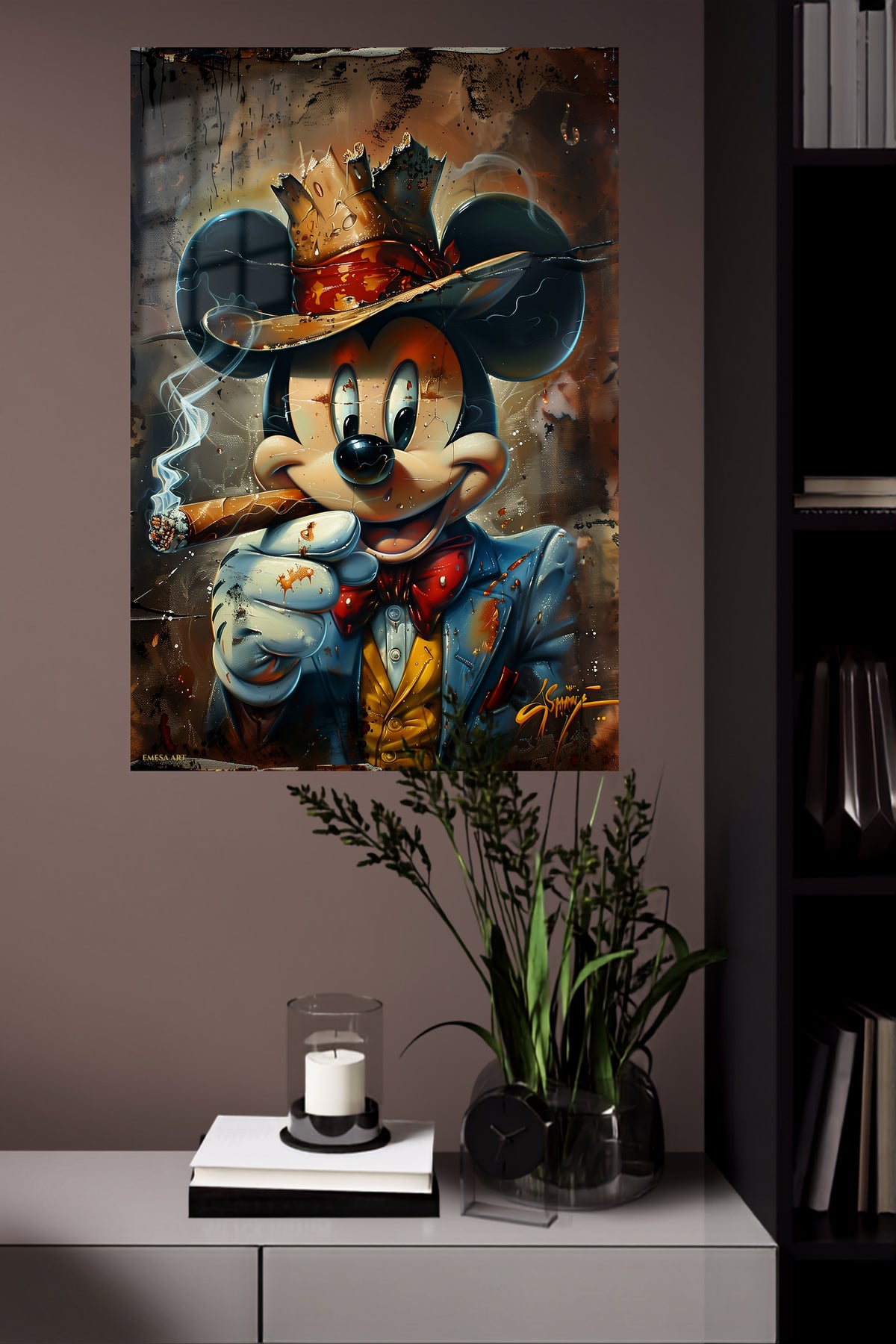 Crowned Mouse King metal wall art displayed in a modern interior