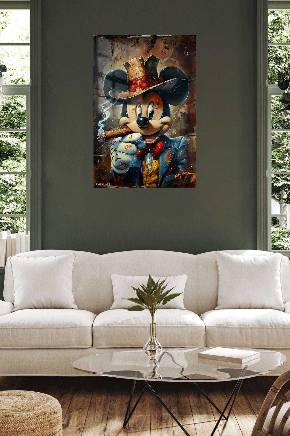 Crowned Mouse King metal wall art displayed in a contemporary living space