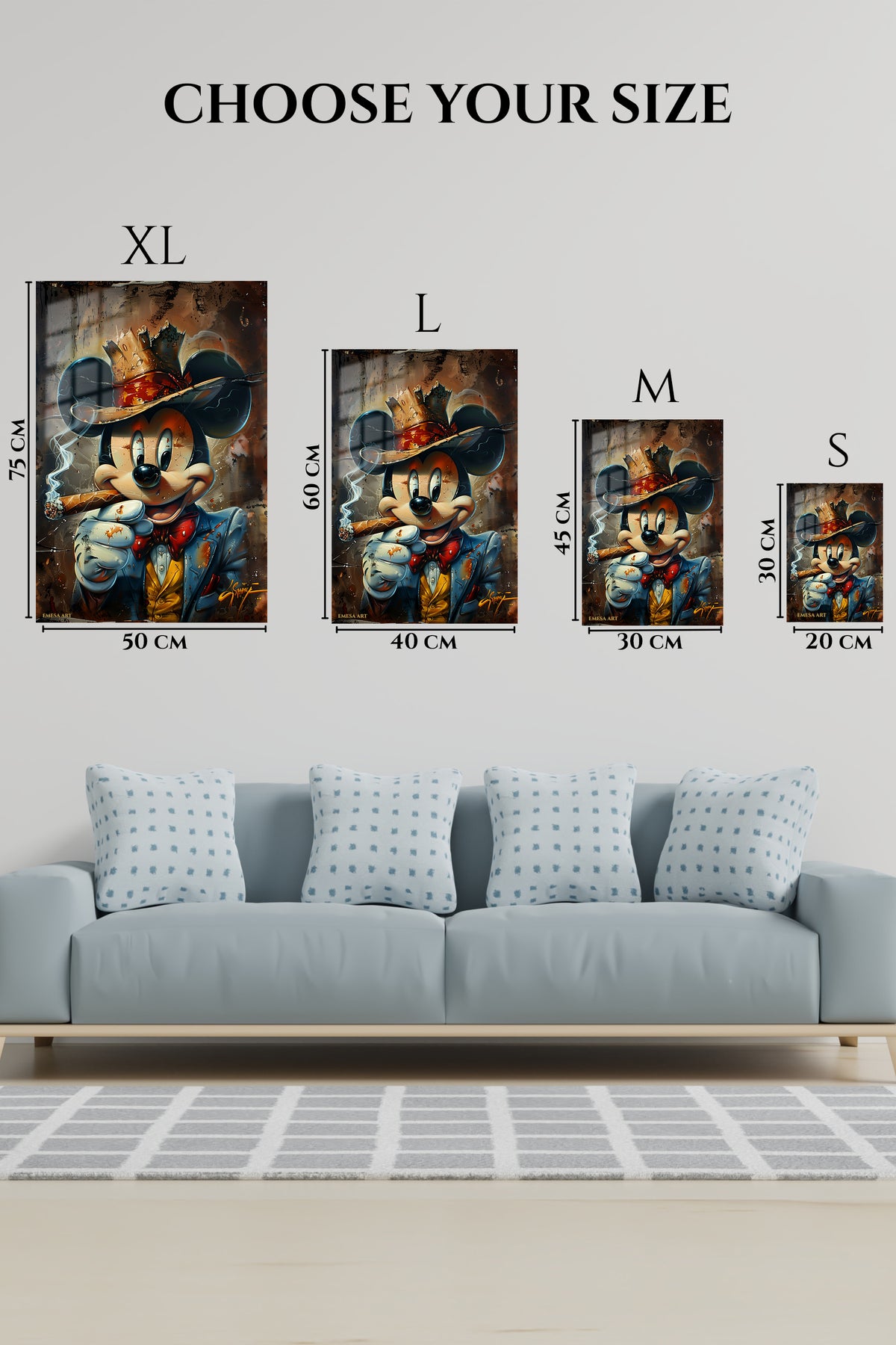 EMESA metal wall art size comparison guide for Crowned Mouse King