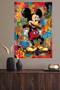 Graffiti Cartoon Mouse metal wall art displayed in a modern interior