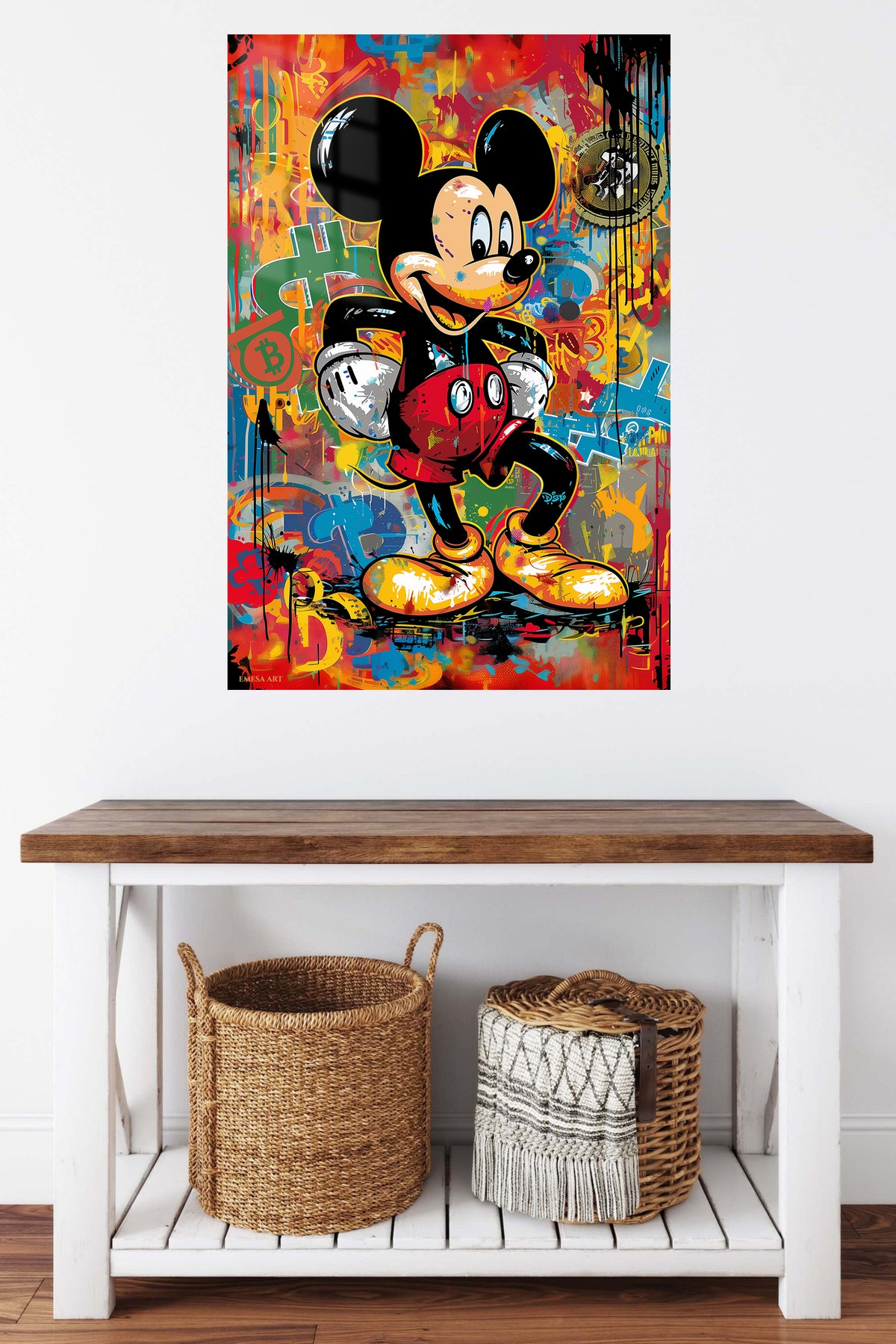 Graffiti Cartoon Mouse metal wall art displayed in a contemporary living space