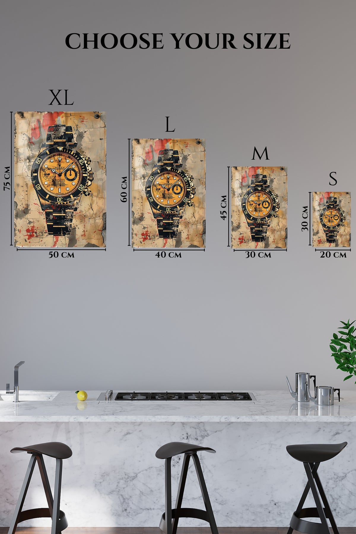 EMESA metal wall art size comparison guide for Timeless Grit Watch