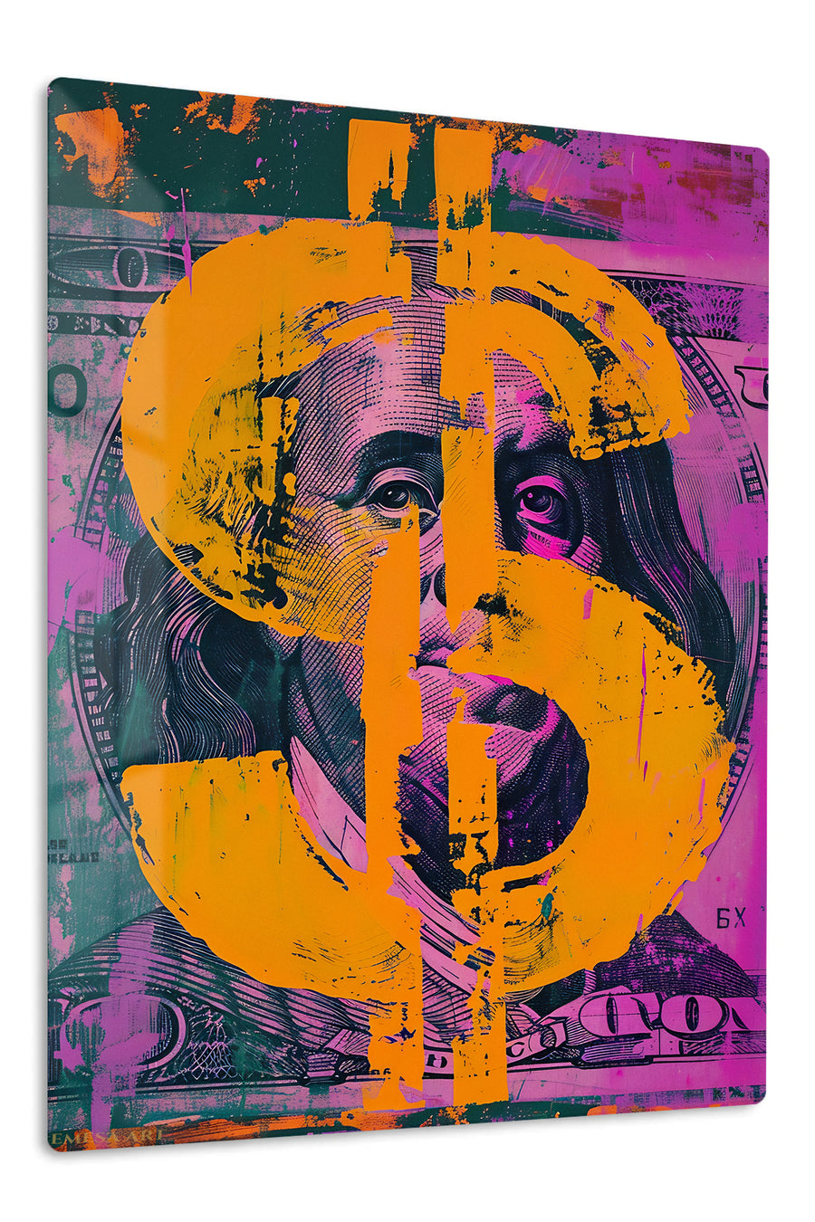 Currency Face in Orange premium metal wall art – front view