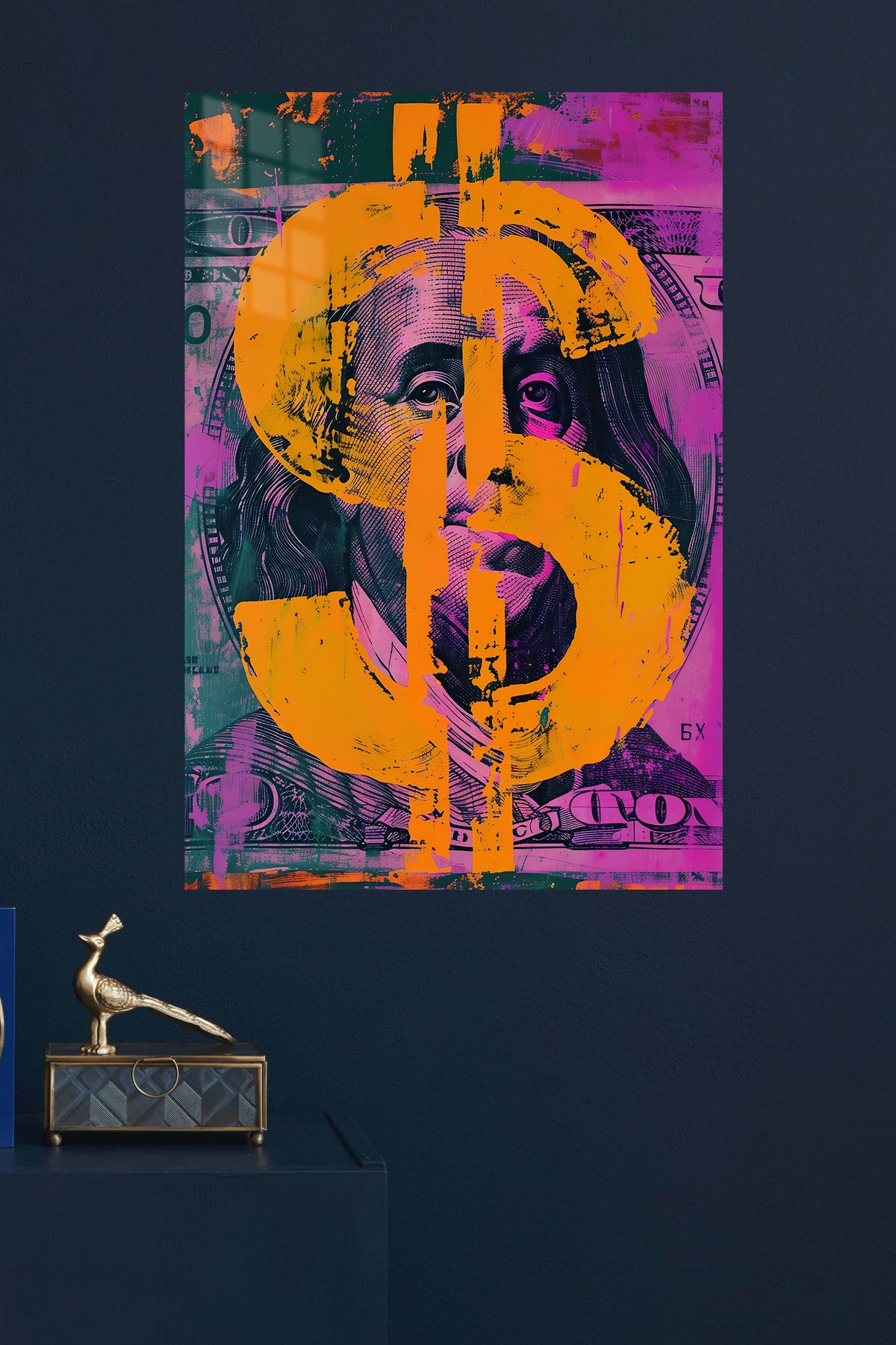 Currency Face in Orange metal wall art displayed in a modern interior
