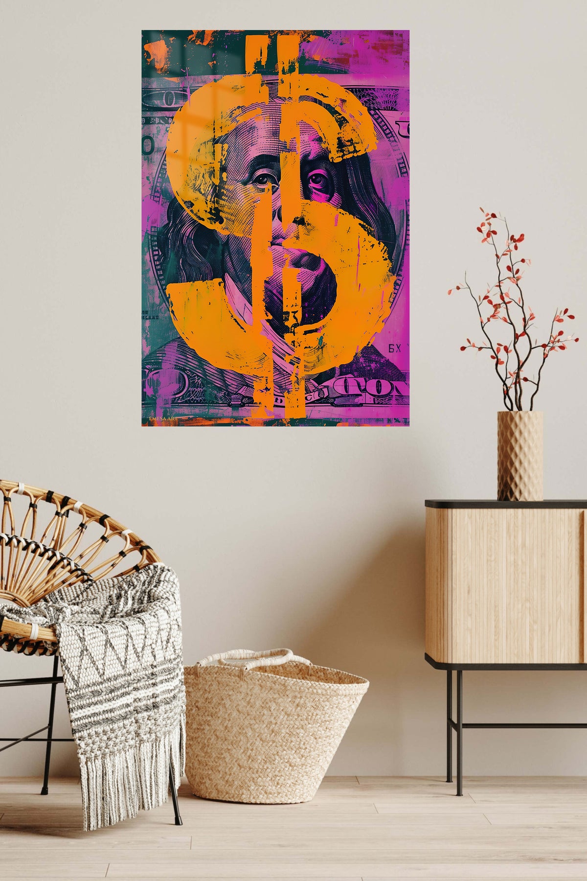 Currency Face in Orange metal wall art displayed in a contemporary living space