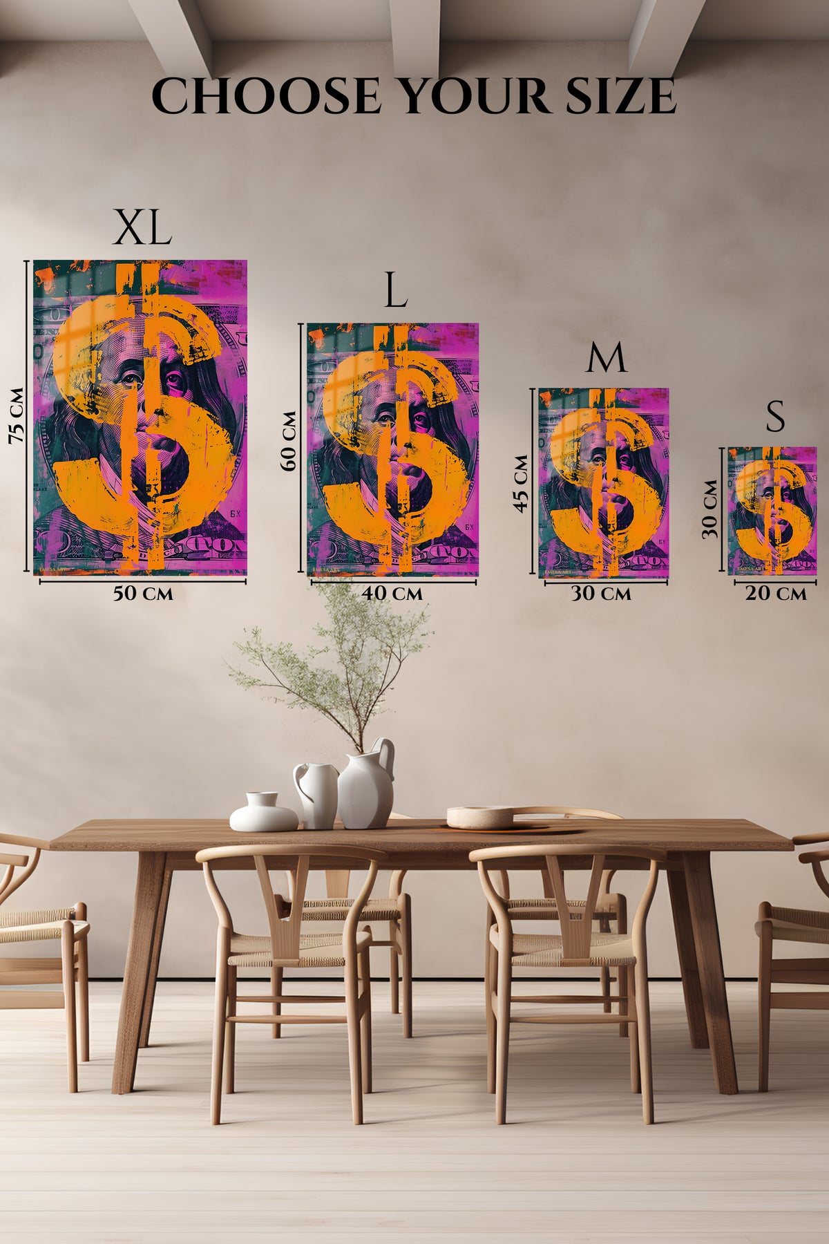EMESA metal wall art size comparison guide for Currency Face in Orange
