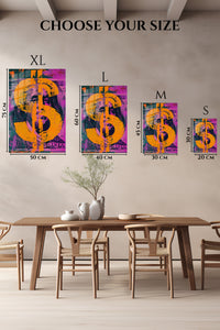 EMESA metal wall art size comparison guide for Currency Face in Orange
