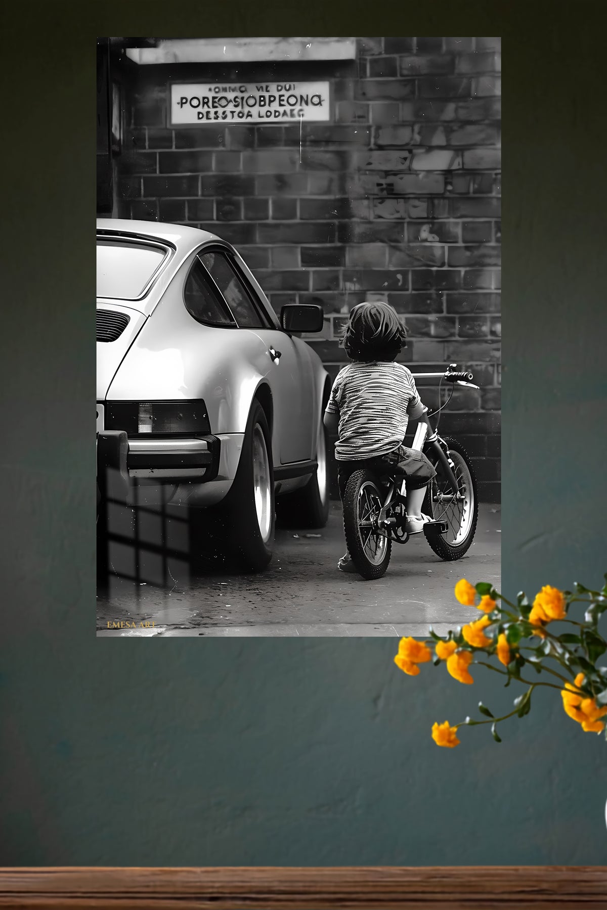 Little Rider by the Brick Wall metal wall art displayed in a modern interior