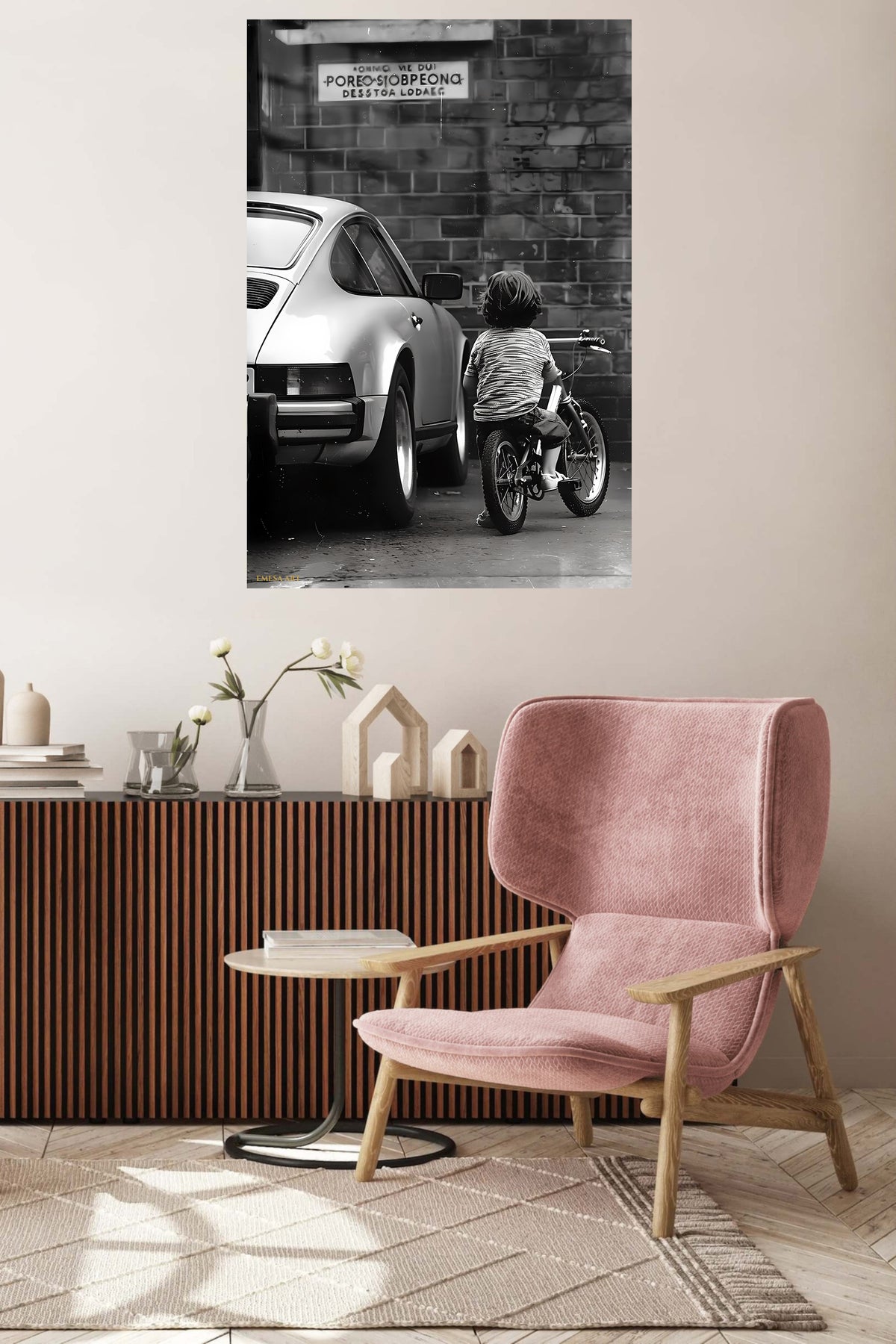 Little Rider by the Brick Wall metal wall art displayed in a contemporary living space