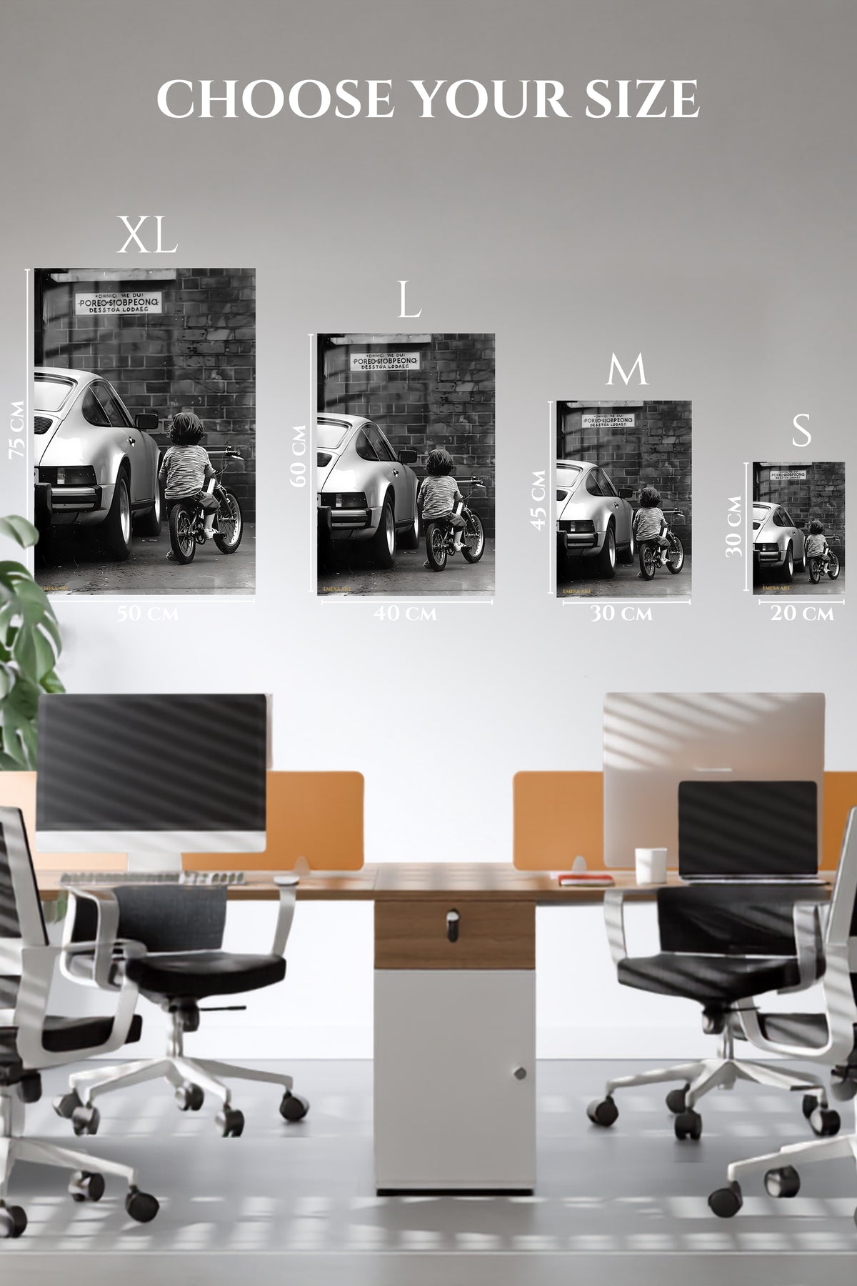 EMESA metal wall art size comparison guide for Little Rider by the Brick Wall