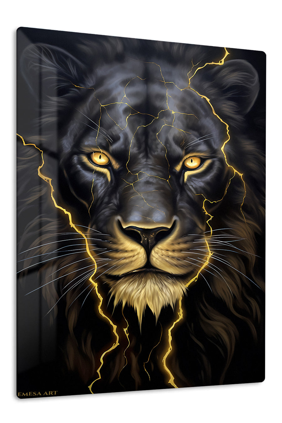 Golden Lightning Lion premium metal wall art – front view