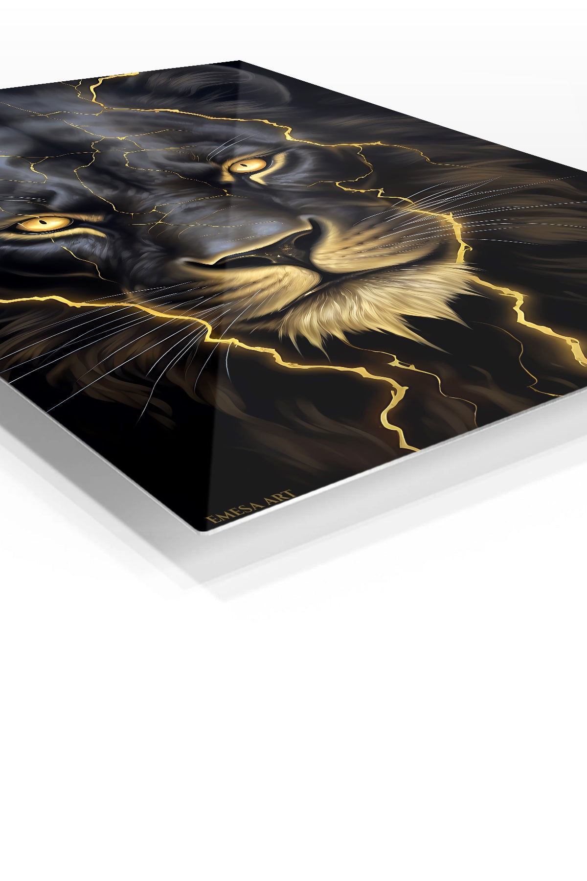 Golden Lightning Lion premium metal wall art – angled view