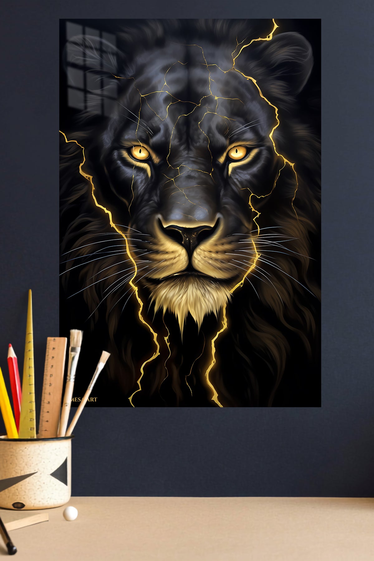 Golden Lightning Lion metal wall art displayed in a modern interior
