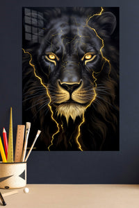 Golden Lightning Lion metal wall art displayed in a modern interior
