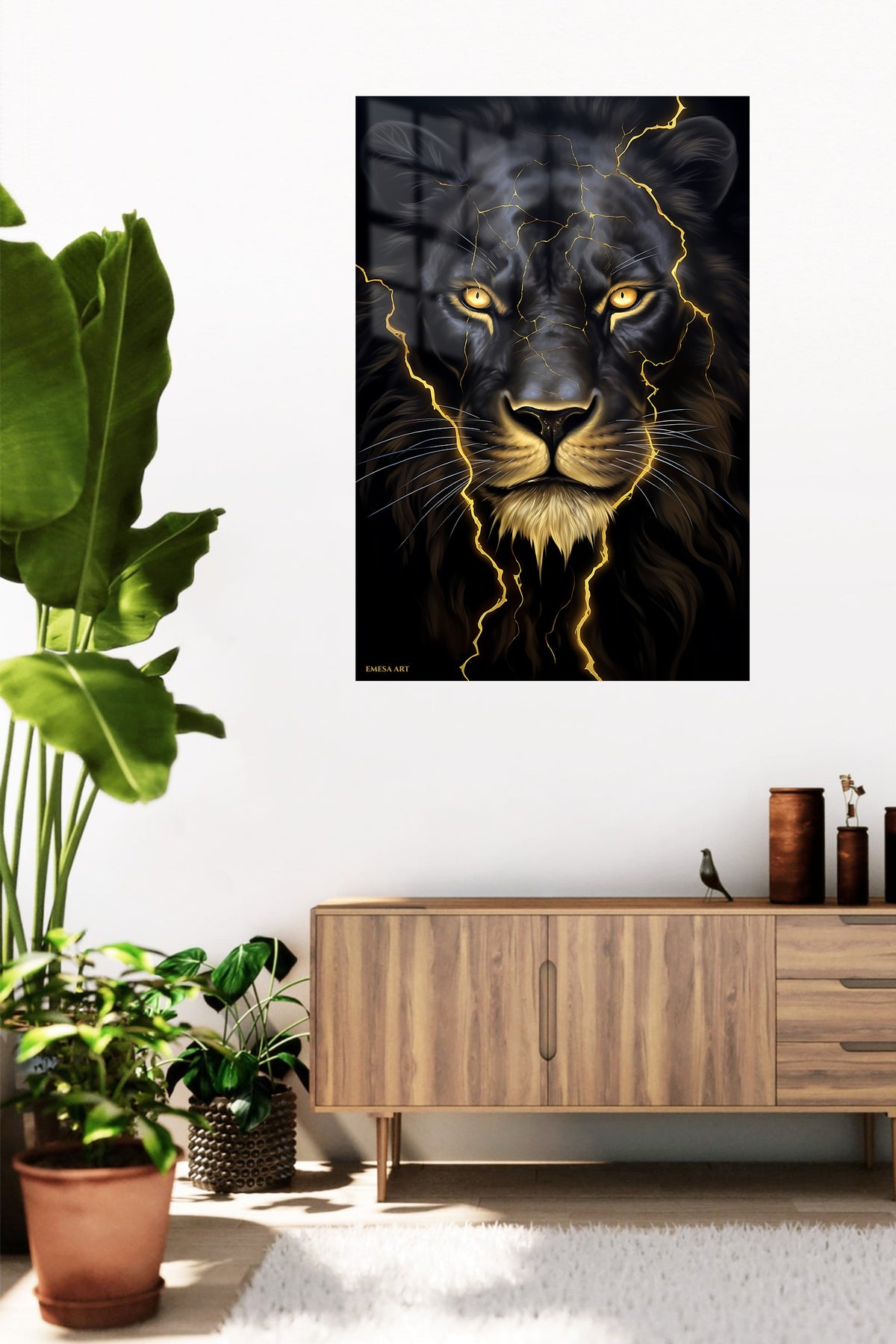 Golden Lightning Lion metal wall art displayed in a contemporary living space