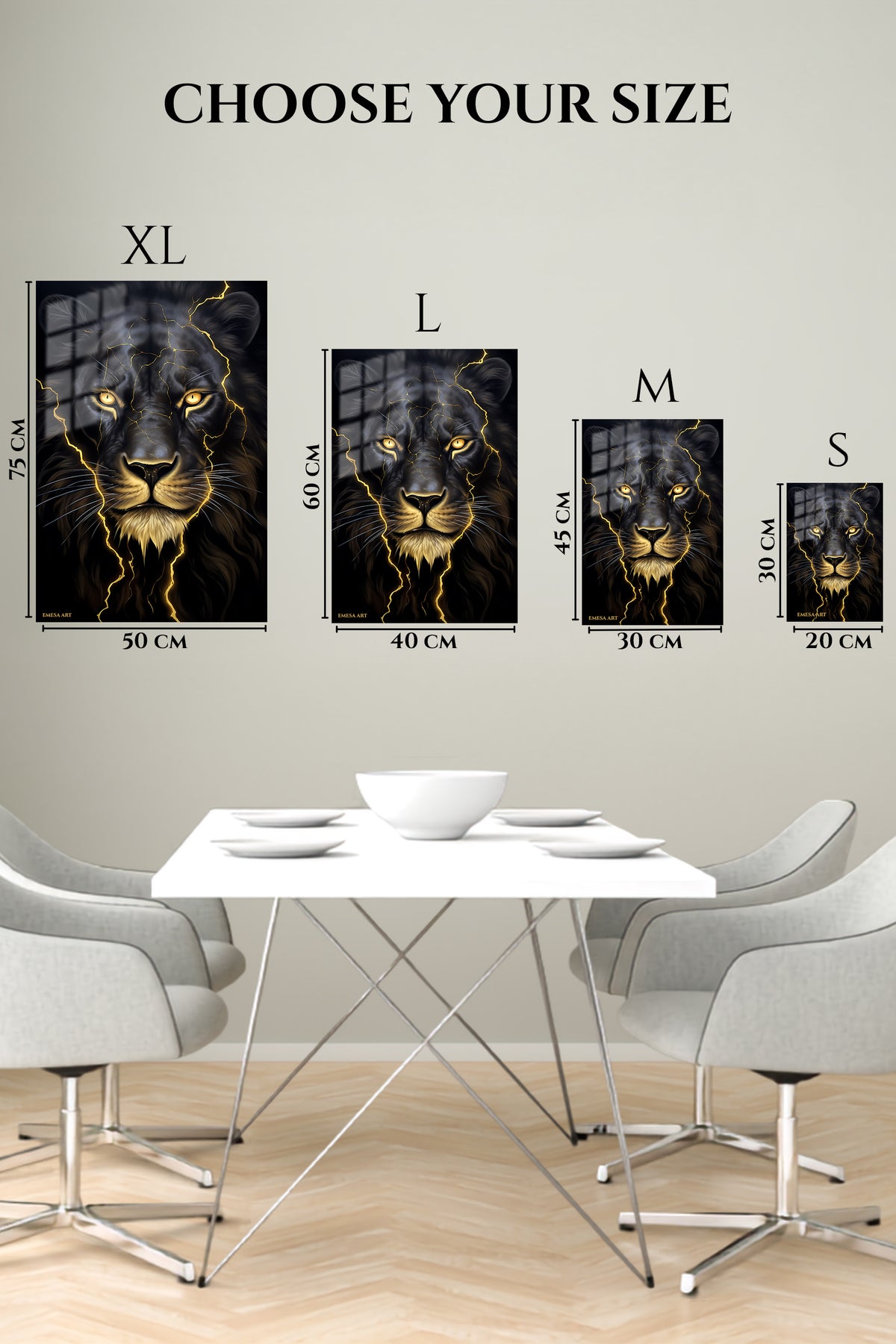 EMESA metal wall art size comparison guide for Golden Lightning Lion