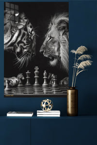 Chessboard Kings metal wall art displayed in a modern interior