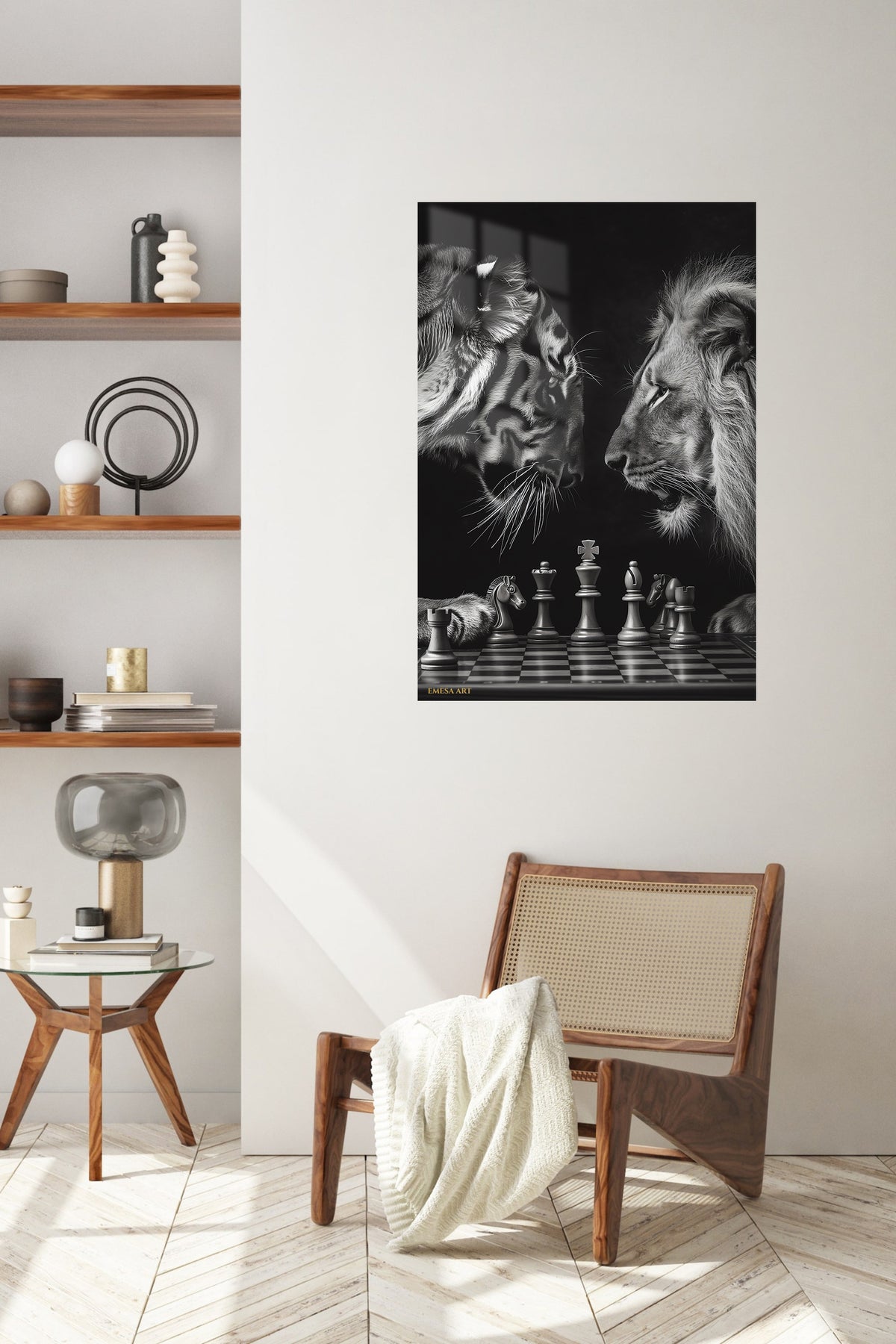 Chessboard Kings metal wall art displayed in a contemporary living space