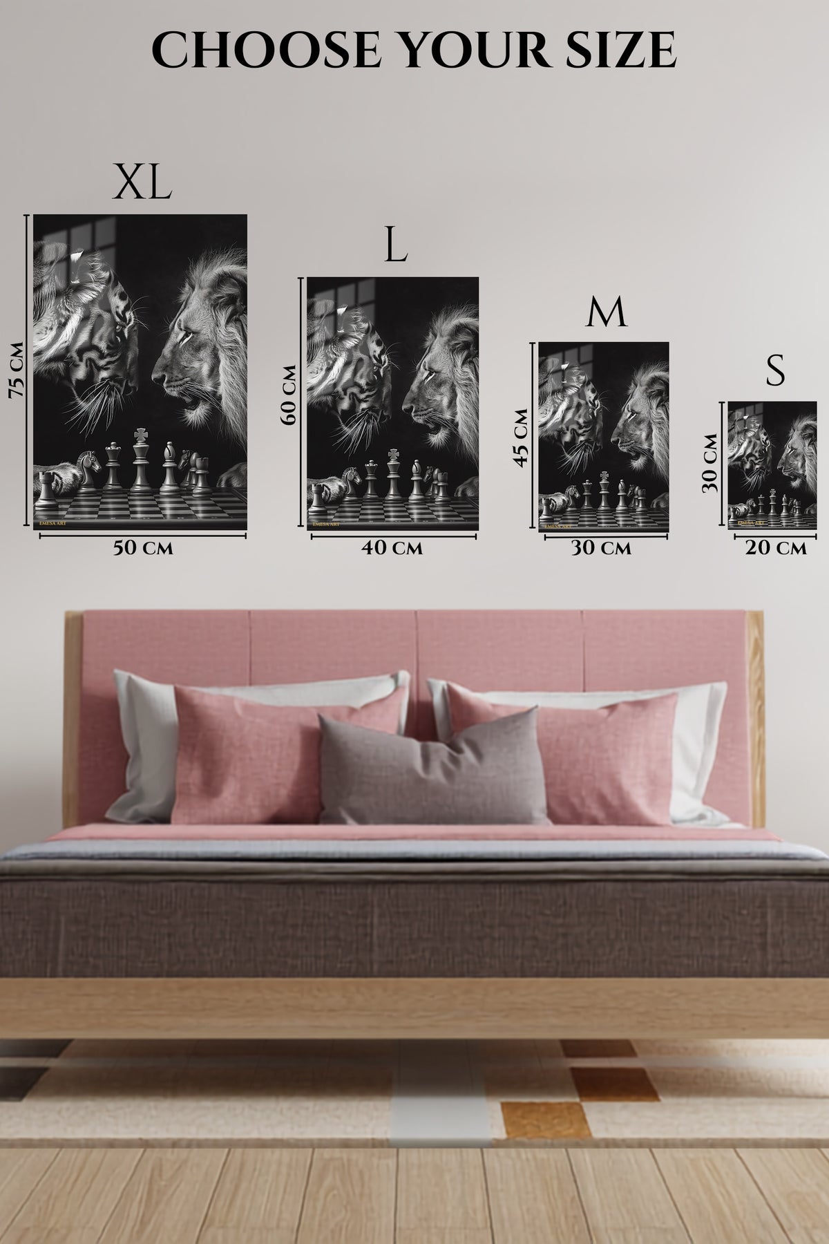 EMESA metal wall art size comparison guide for Chessboard Kings