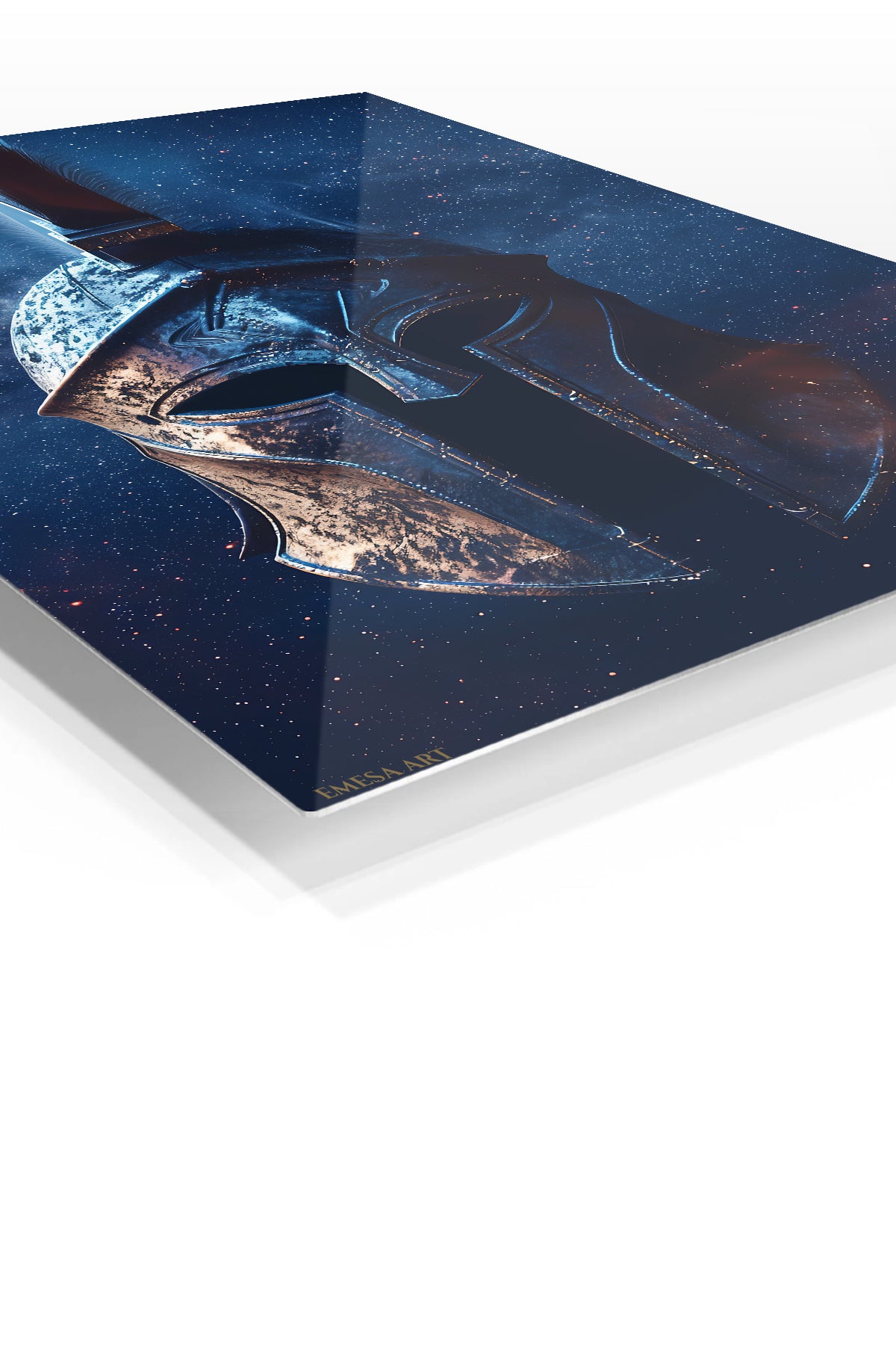 Celestial Spartan Helmet premium metal wall art – angled view