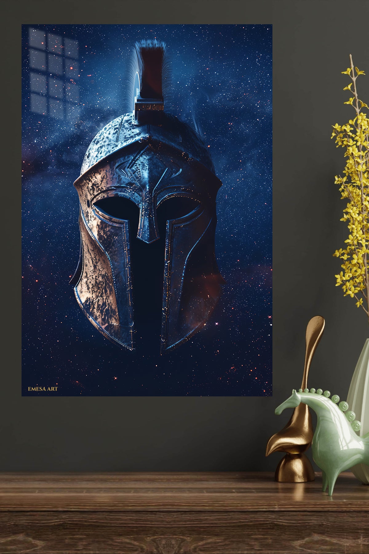 Celestial Spartan Helmet metal wall art displayed in a modern interior