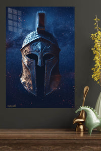 Celestial Spartan Helmet metal wall art displayed in a modern interior